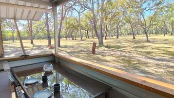 An outdoor dining area with a glass table and chairs, a view of a tree-lined park.