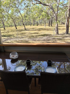A dining table with plates, a bowl, and a cup, set against a window overlooking a forested area.