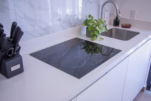 A modern kitchen with a built-in stovetop, a sink, and a plant on the countertop. - Modern studio 3 blocks from the marina (Cabo San Lucas)
