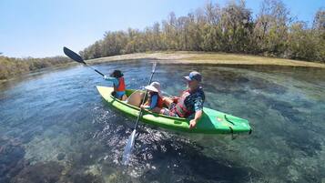 Two people kayaking on a clear river surrounded by trees.