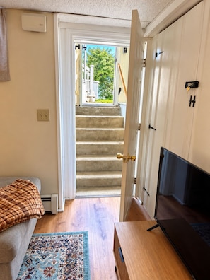 A room with a bed, a TV, a patterned rug, and a door leading to a staircase.