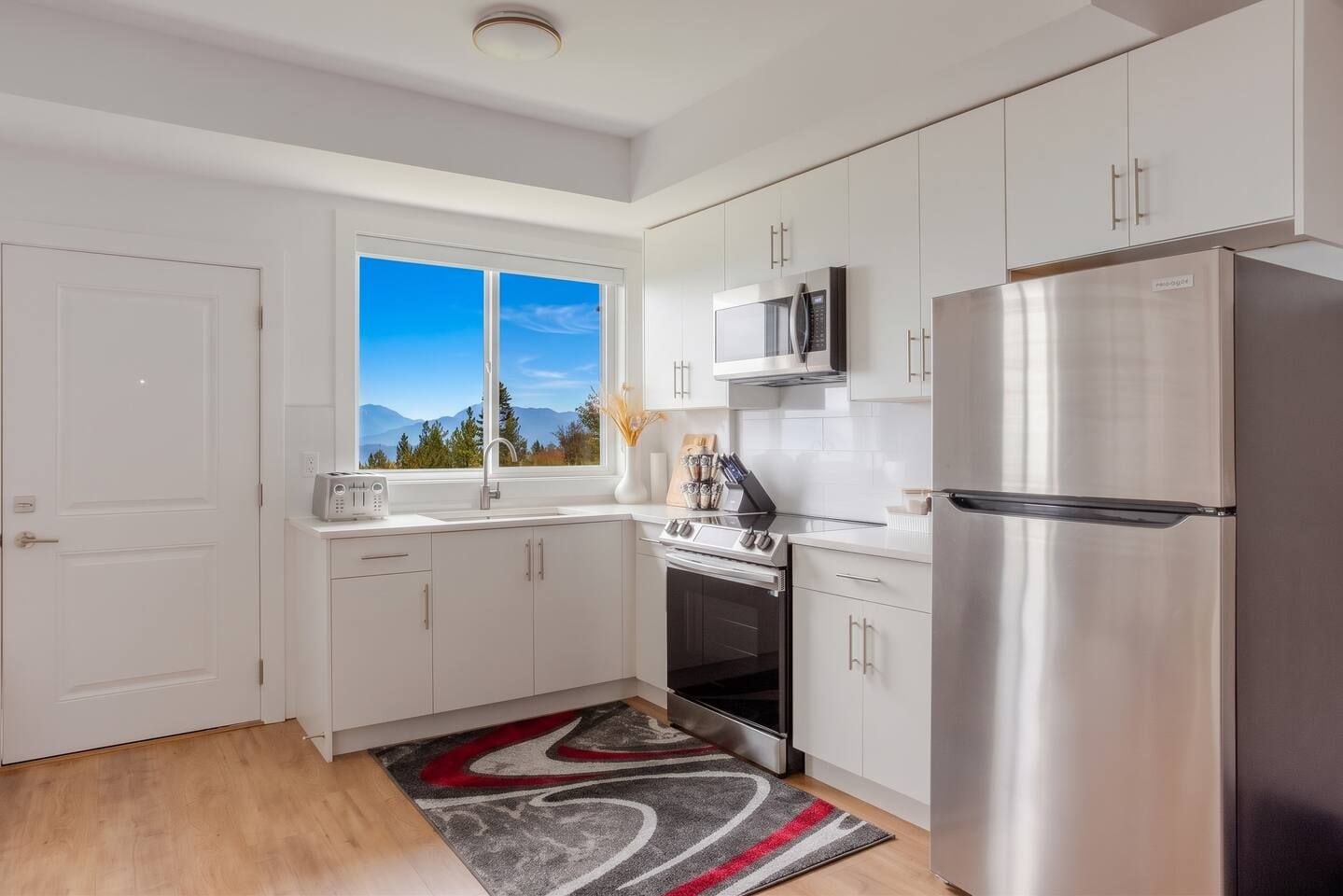 A modern kitchen with white cabinetry, stainless steel appliances, a window with a mountain view, and a patterned rug.