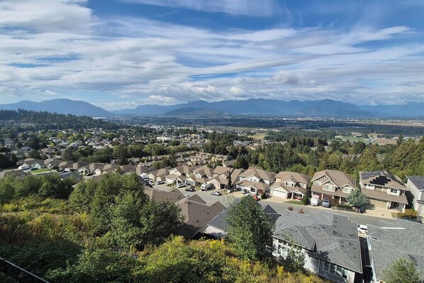 A residential area with houses, trees, and mountains in the background.