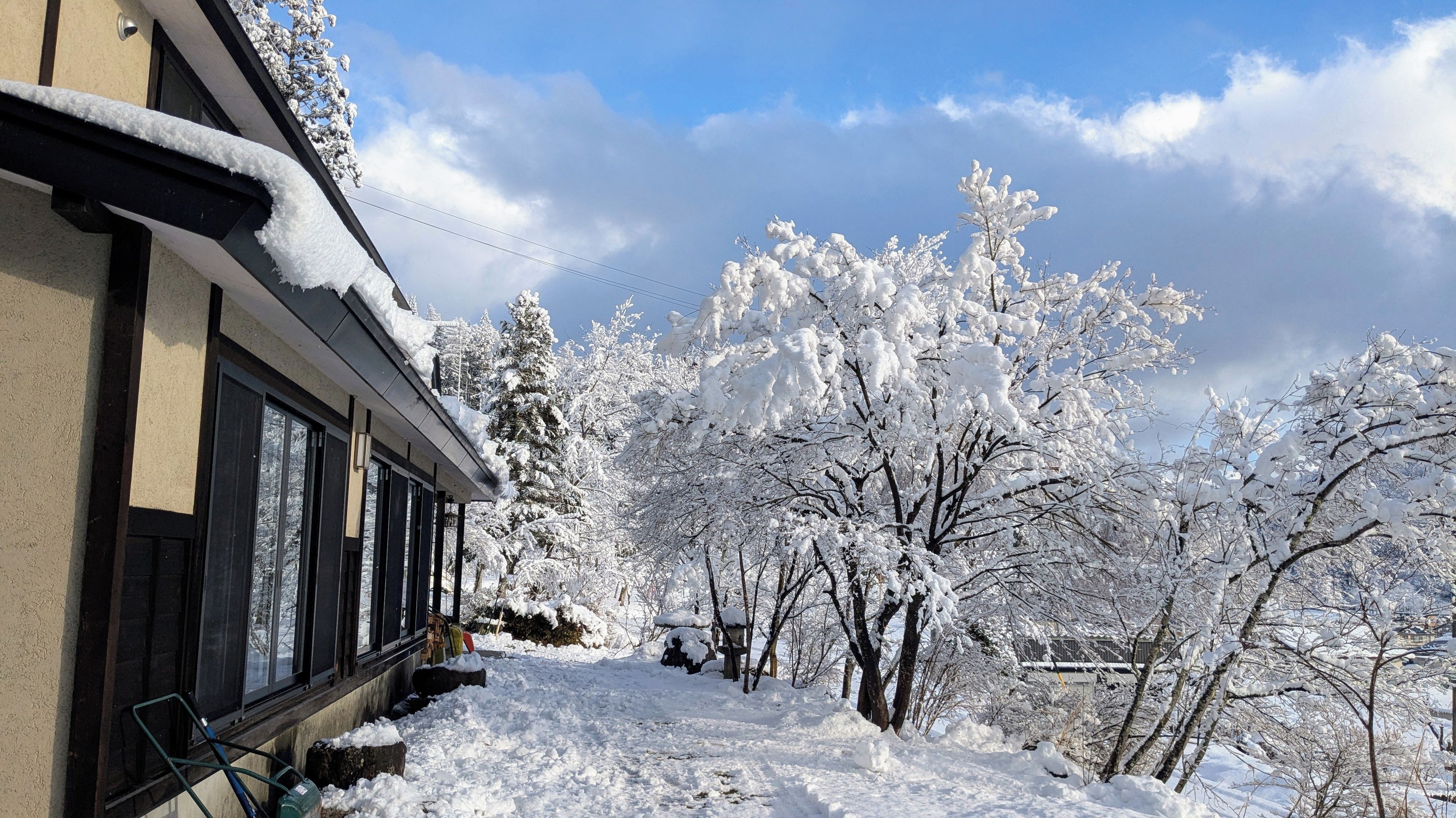 A snow-covered landscape with a building featuring large windows and a snow-covered roof.