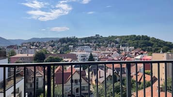 A residential area with a view of a hill and a castle-like structure.