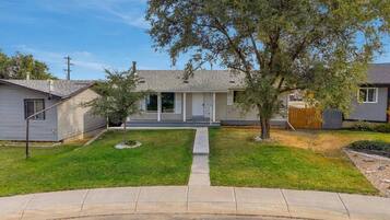A residential house with a front yard, a driveway, and a small tree.
