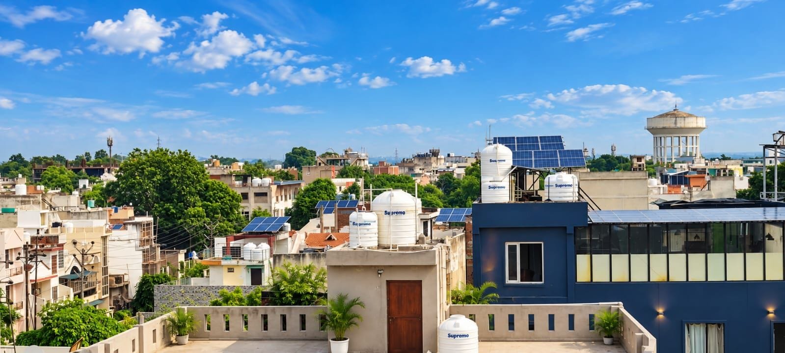 Área residencial com vários edifícios, alguns com painéis solares e reservatórios de água, sob um céu azul claro.