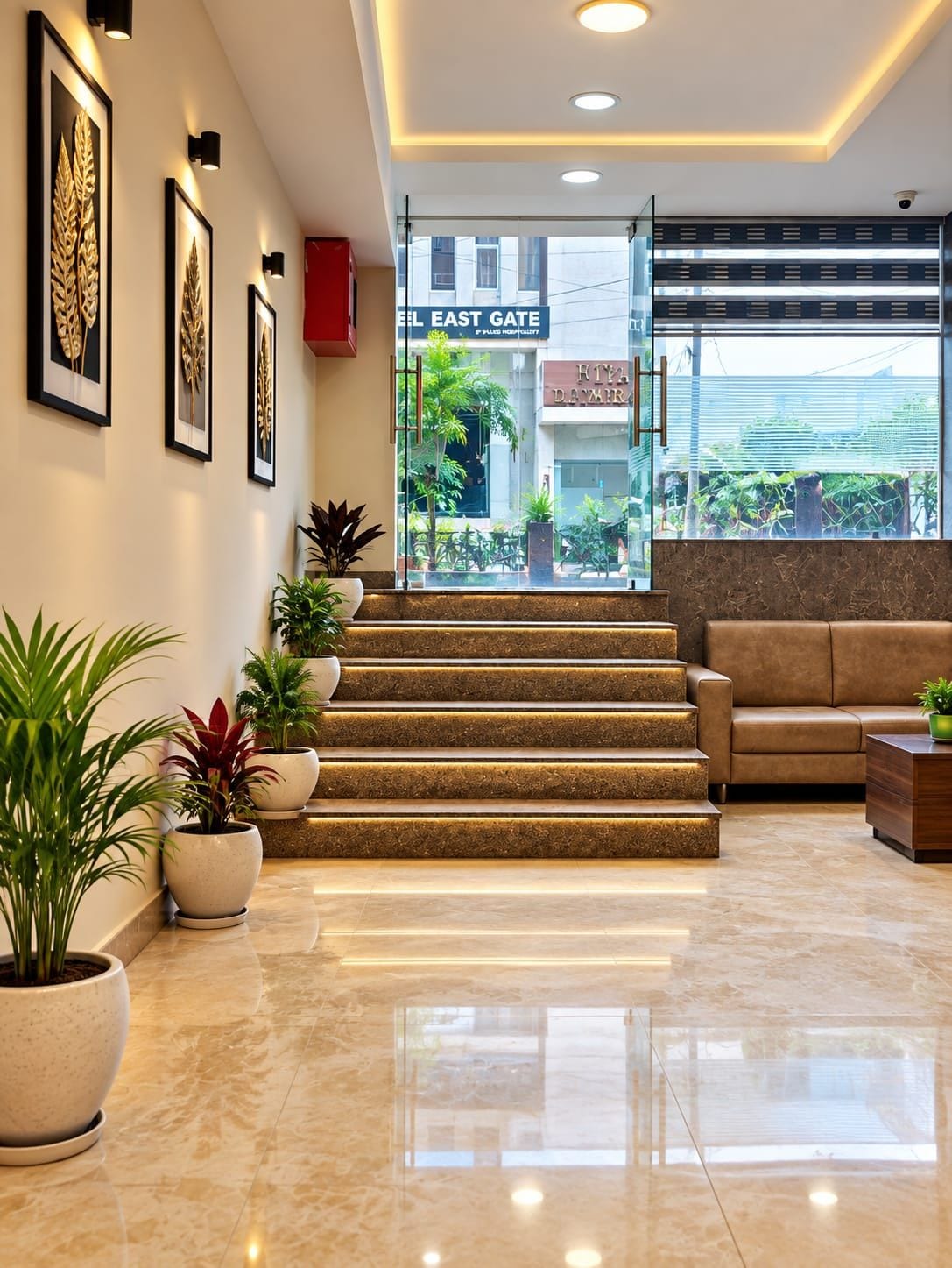 Um saguão de hotel com uma escada que leva ao Portão Leste, plantas em vasos, um sofá de couro e obras de arte emolduradas nas paredes.