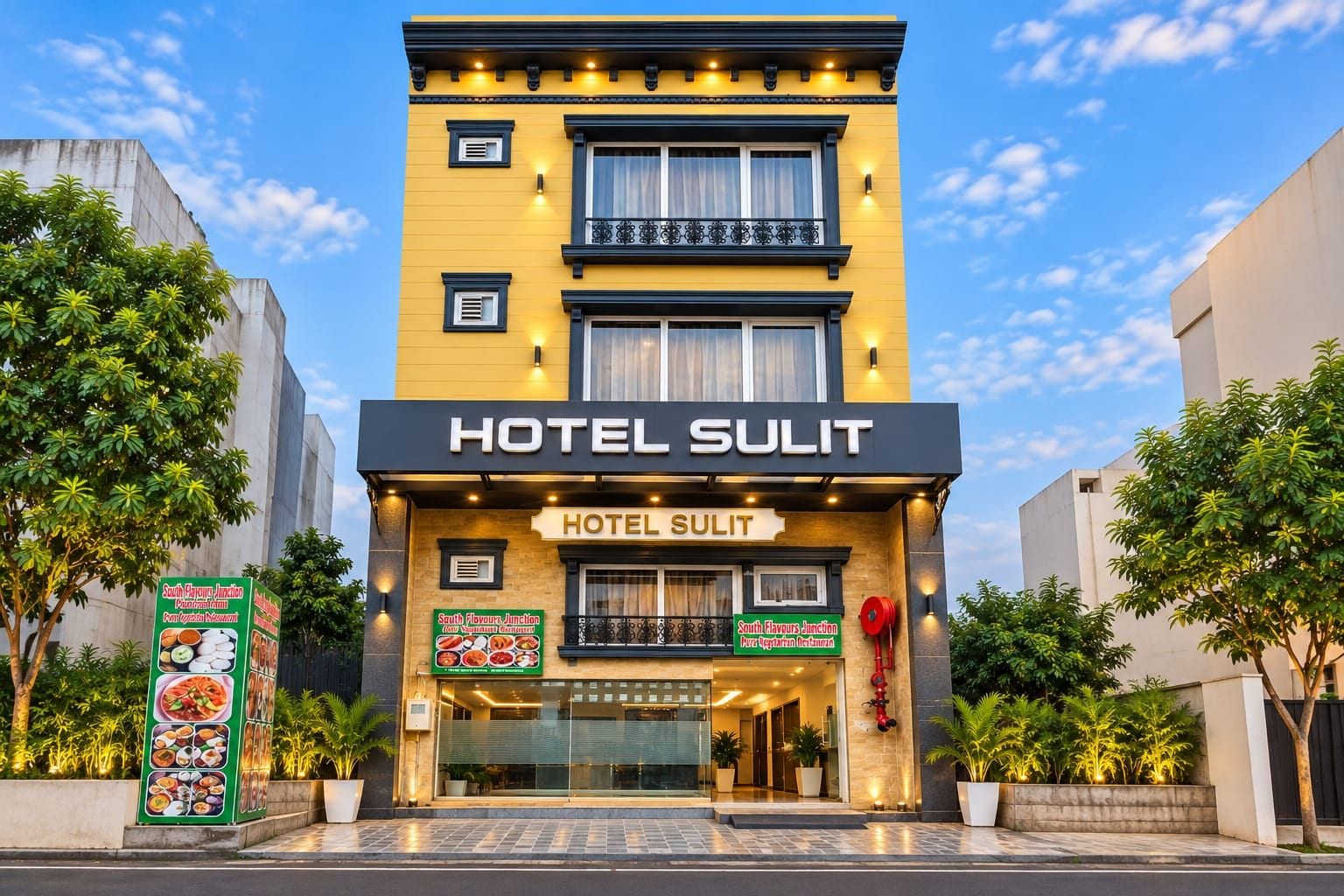 Um hotel chamado 'Hotel Sulit' com fachada moderna, amplas janelas e uma placa indicando South Flavours Junction.