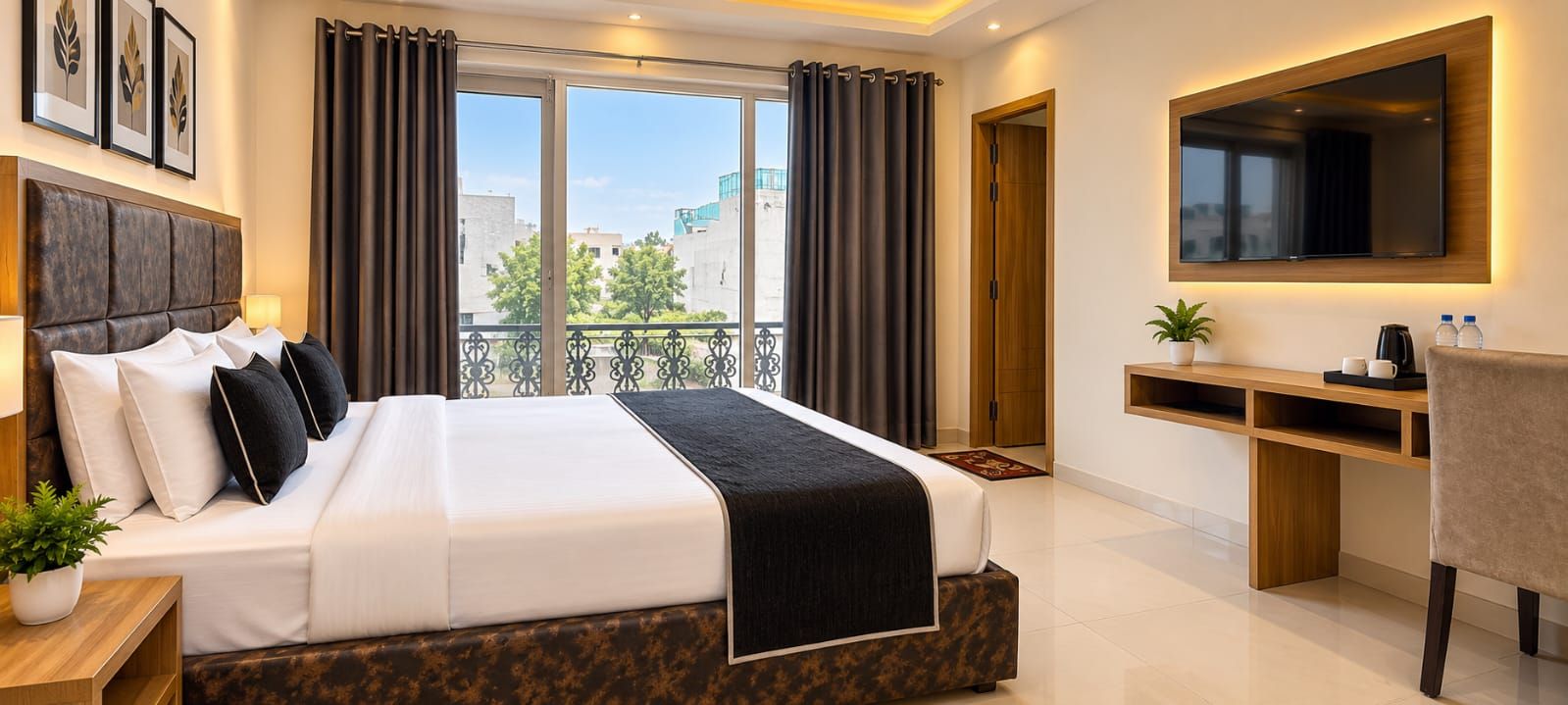 Una habitación de hotel moderna con una cama grande, un escritorio, una silla, un televisor y un balcón con cortinas.