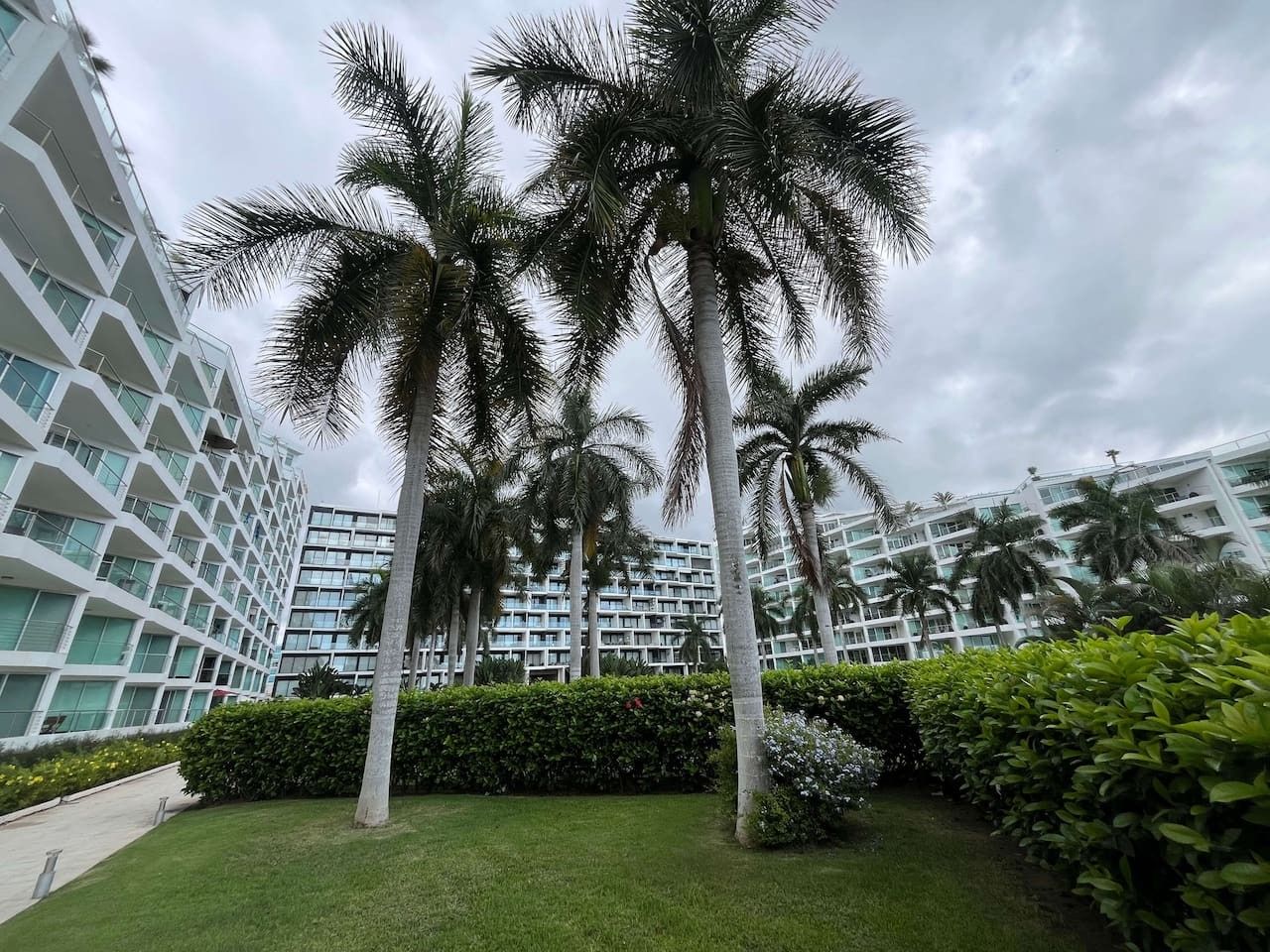 Un hotel moderno con varios pisos, palmeras y césped bien cuidado.