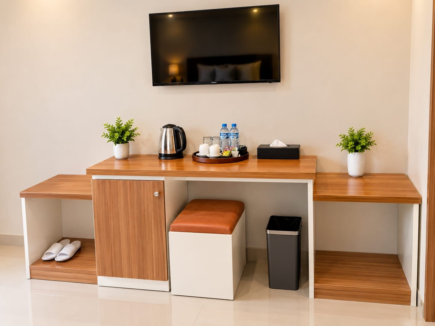 A modern hotel room with a wooden desk, a television mounted on the wall, a small seating area with a bench, and a trash bin.