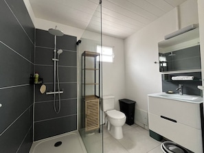 Ein modernes Badezimmer mit Duschkabine aus Glas, Toilette und Waschbecken mit Spiegel darüber.