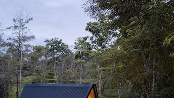 Une maison moderne, de forme triangulaire, dotée d’une terrasse en bois et d’une piscine.