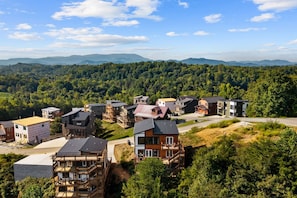 Área residencial com várias casas, algumas com varandas e decks de madeira, cercada por uma floresta densa e montanhas ao fundo.