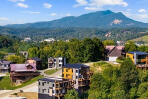 Ein Wohngebiet mit modernen Häusern, einer Straße und einem Berg im Hintergrund.