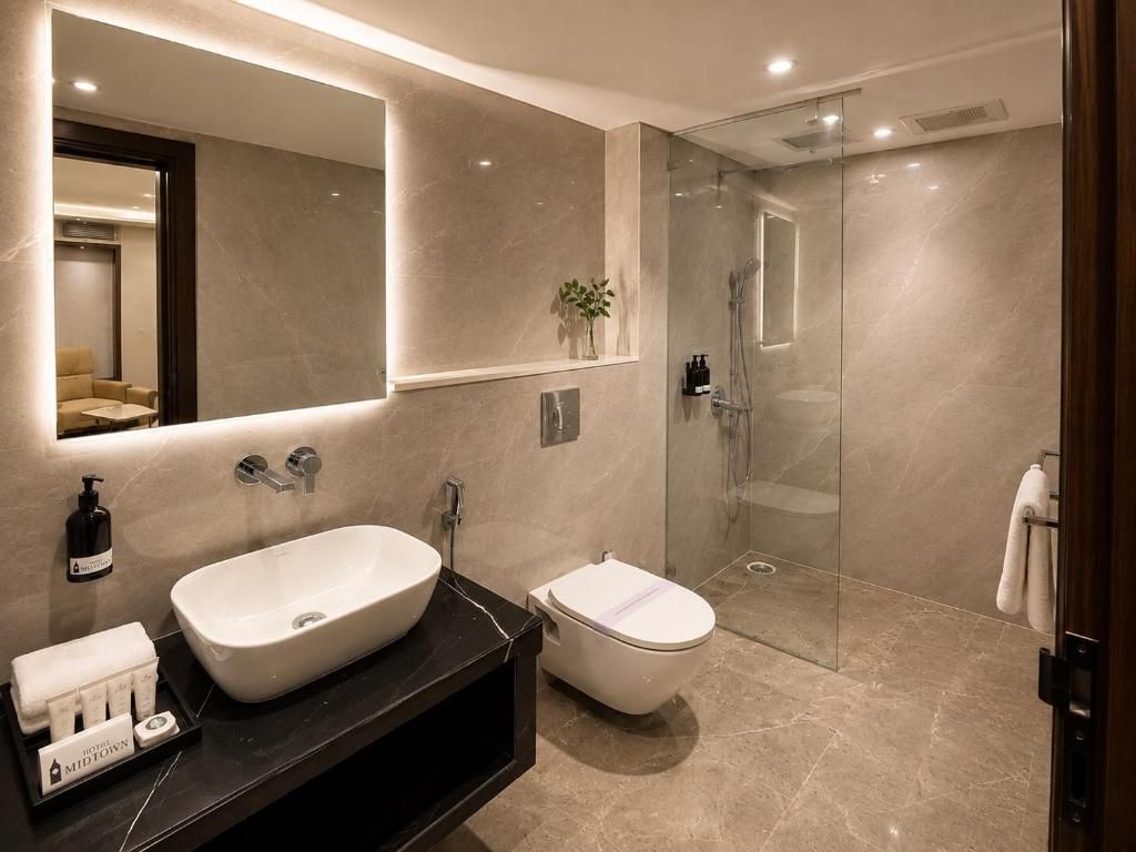 Une salle de bain moderne avec un grand miroir, un lavabo sur pied, des toilettes et une douche à l’italienne.