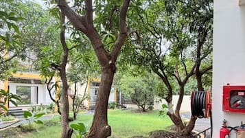 Un patio arbolado con un extintor de incendios en la pared.