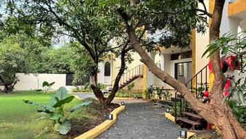 Un camino que lleva a un edificio con escaleras y una entrada bordeada de árboles.