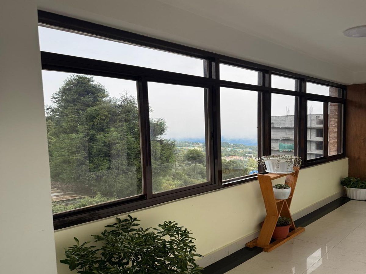 A room with large windows, a wooden plant stand, and a potted plant.