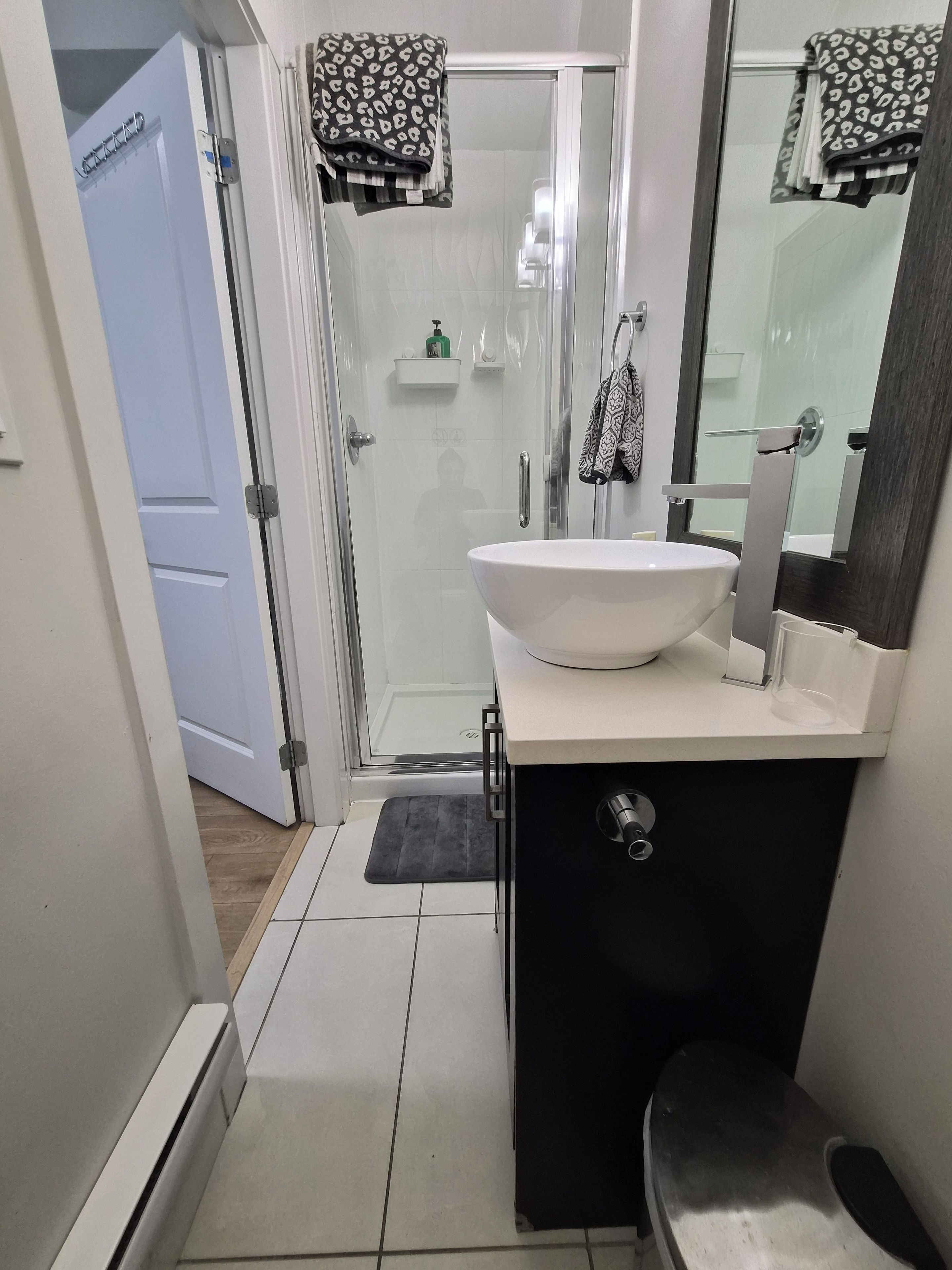 A bathroom with a white sink, a mirror, and a shower area.