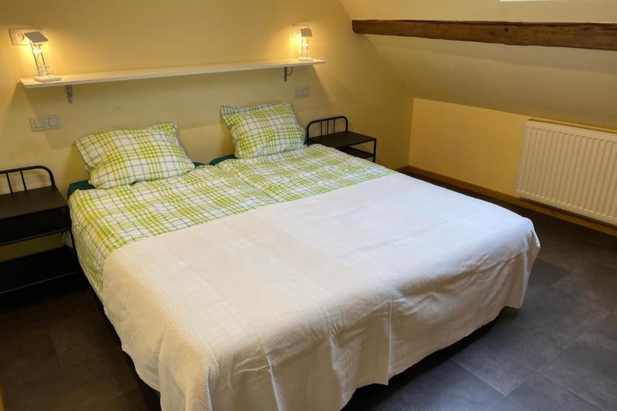 A single bed with a checkered bedspread and two pillows, a bedside table, a wall-mounted shelf with a lamp, and a radiator on the wall.
