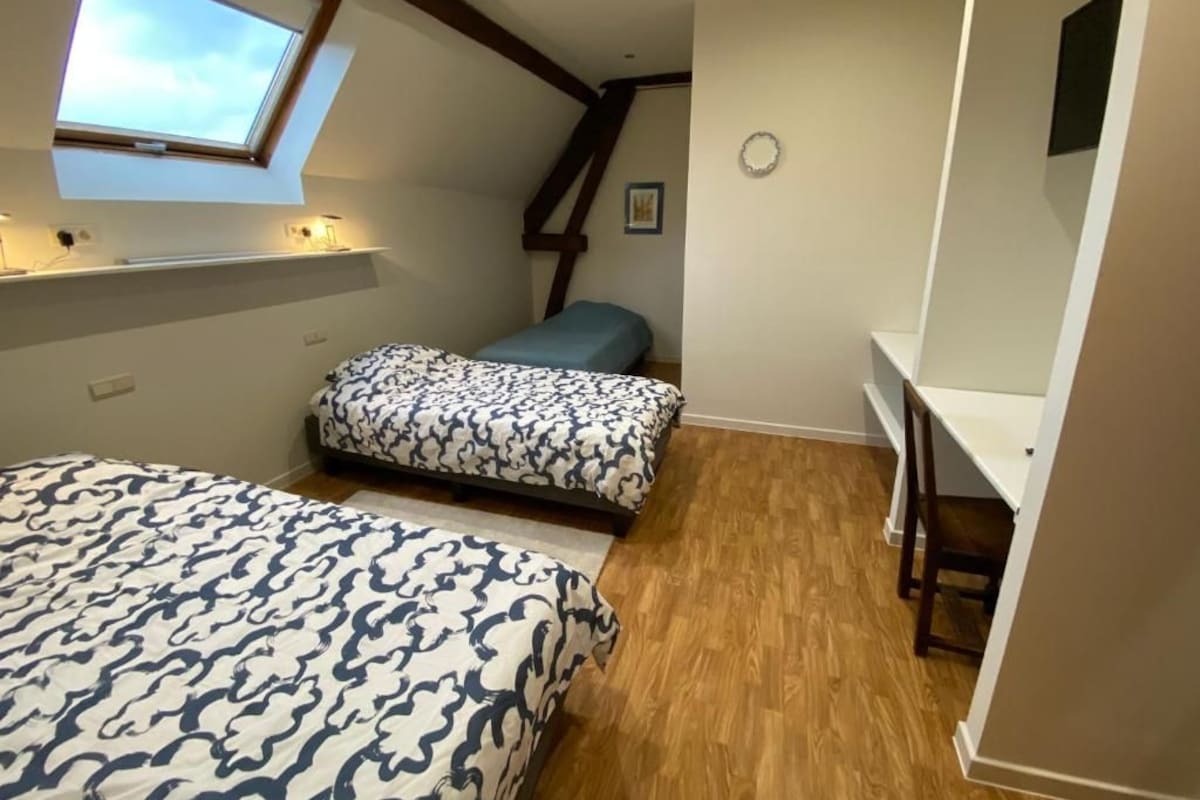 A bedroom with two beds, a skylight, a desk, and a staircase.