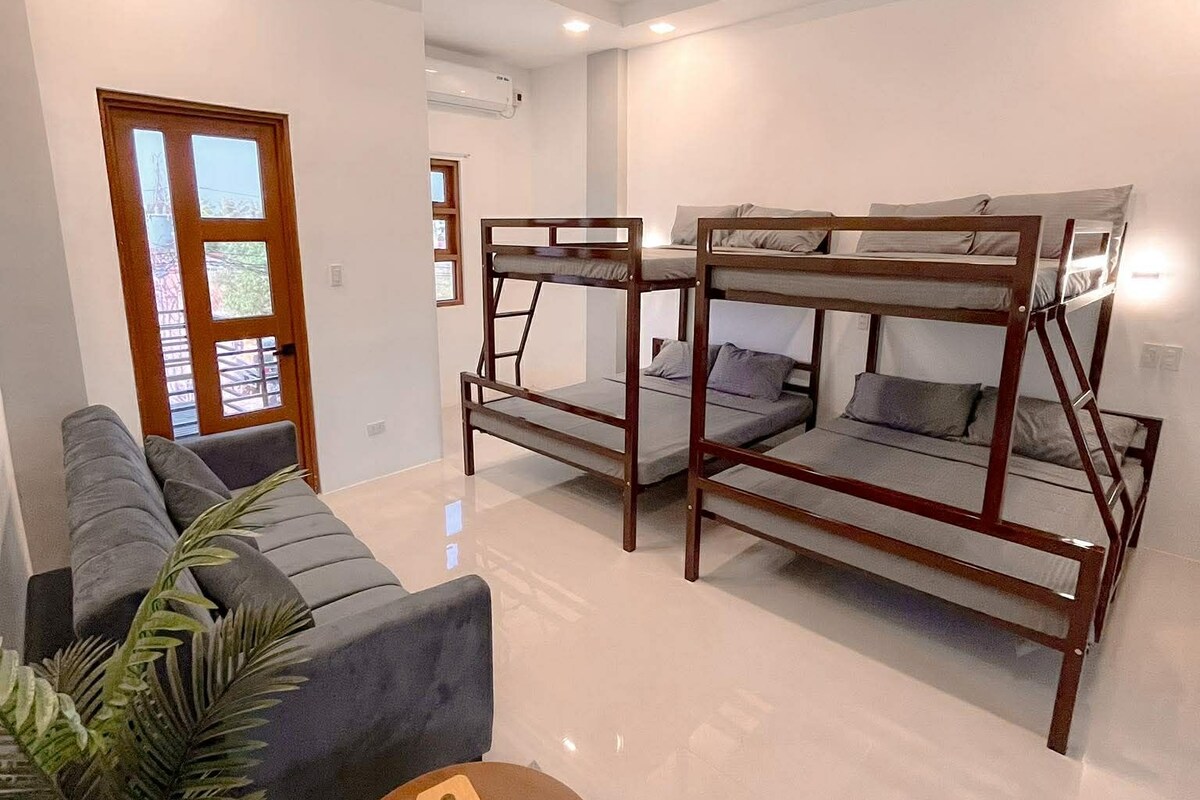 A modern room with bunk beds, a sofa, a coffee table, and a potted plant.