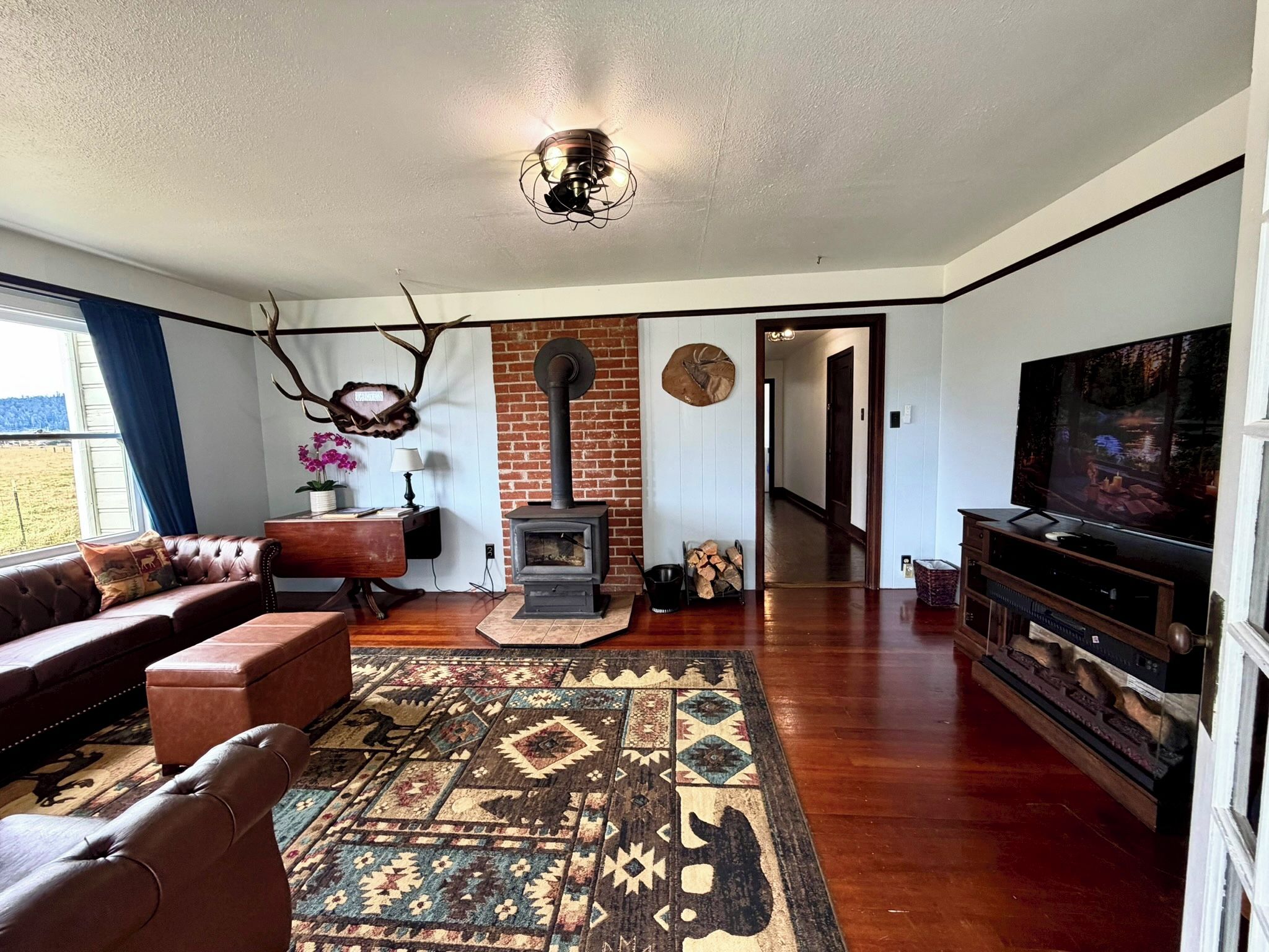 A living room with a fireplace, a sofa, a rug, and a television.