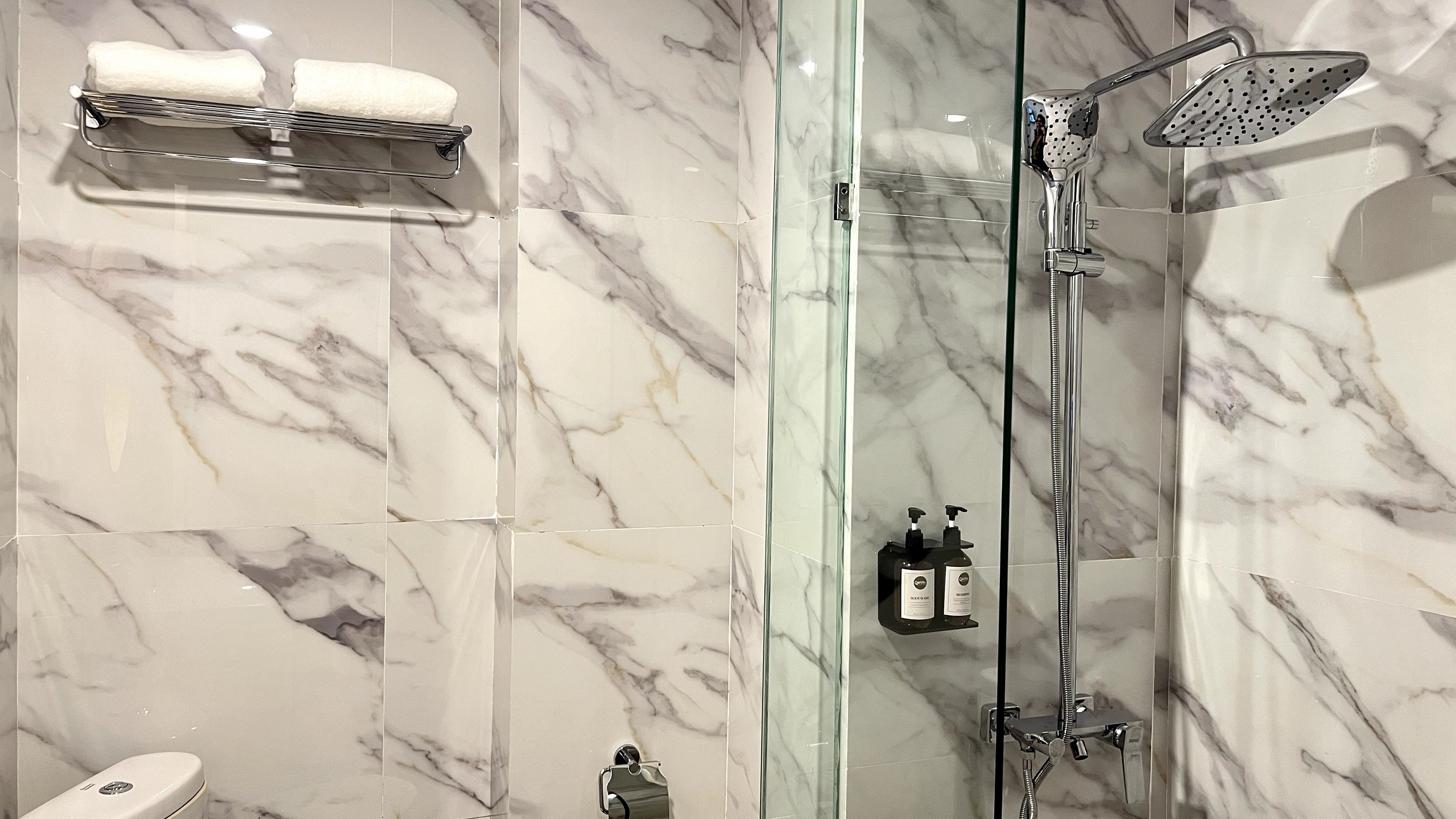 A bathroom with a glass-enclosed shower, a towel rack with two towels, and two bottles of shampoo on a shelf.