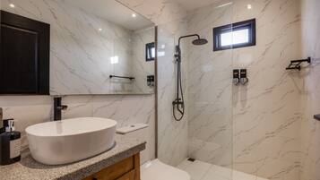 A modern bathroom with a large white sink, a toilet, and a walk-in shower with a glass door.