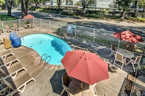 A swimming pool with lounge chairs and umbrellas, surrounded by a fence. - 2 Full Beds | Mini Fridge (Stockton)