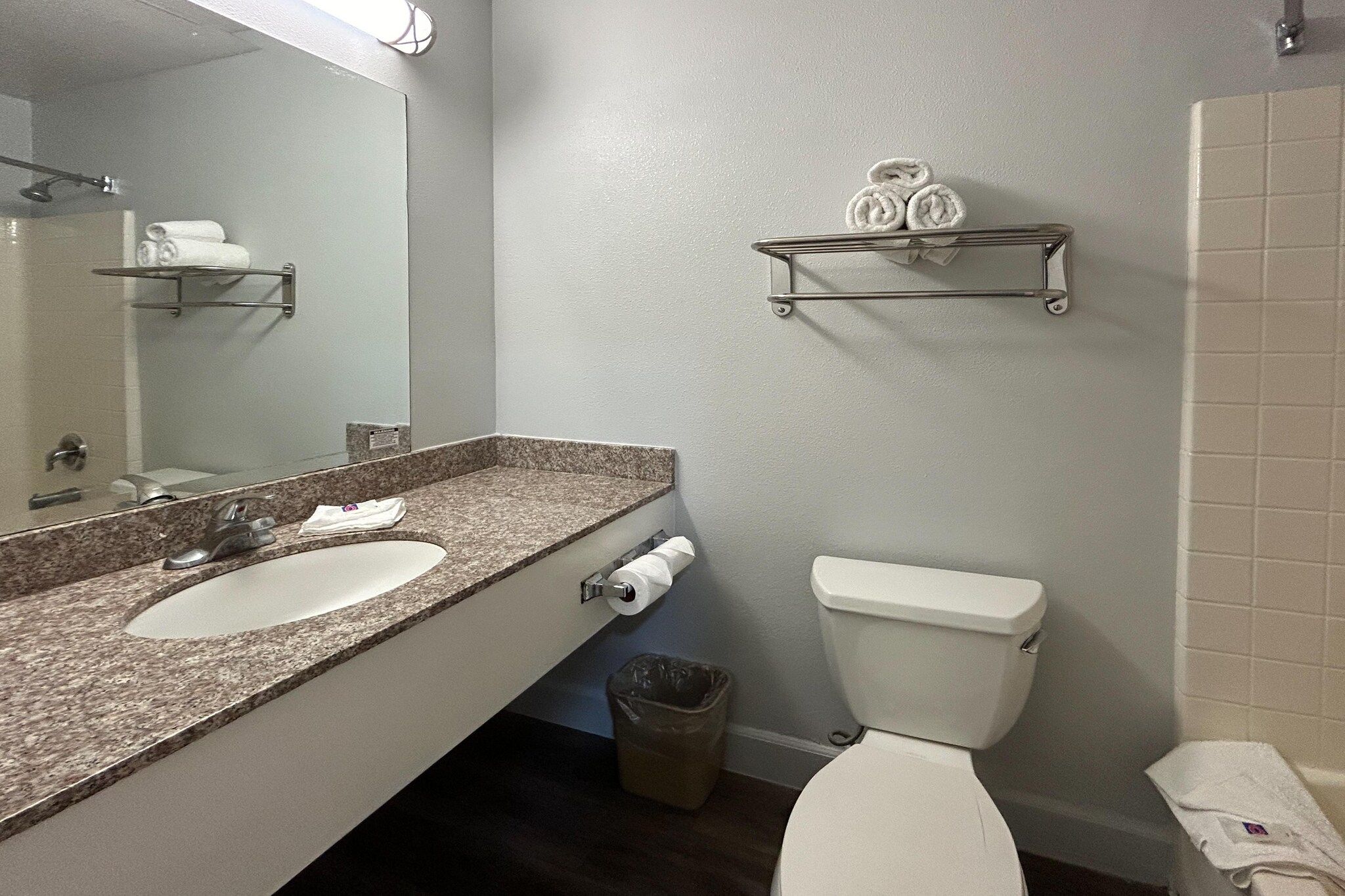 A bathroom with a sink, toilet, and a mirror.