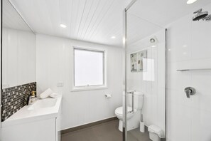Ein modernes Badezimmer mit Duschkabine aus Glas, einem weißen Waschbecken und einer Toilette.