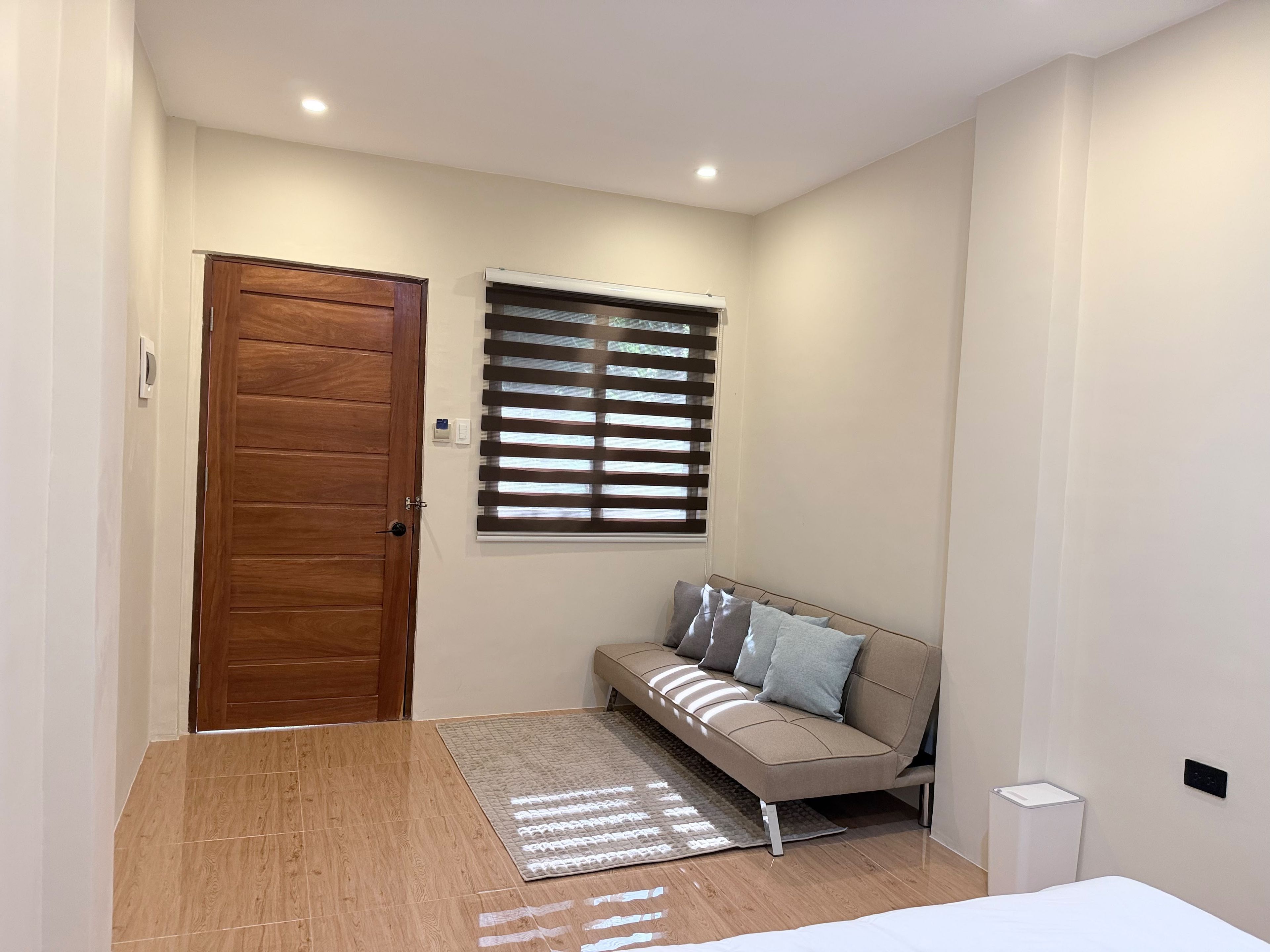 A room with a wooden door, a window with blinds, a sofa with cushions, a rug, and a bedside table.