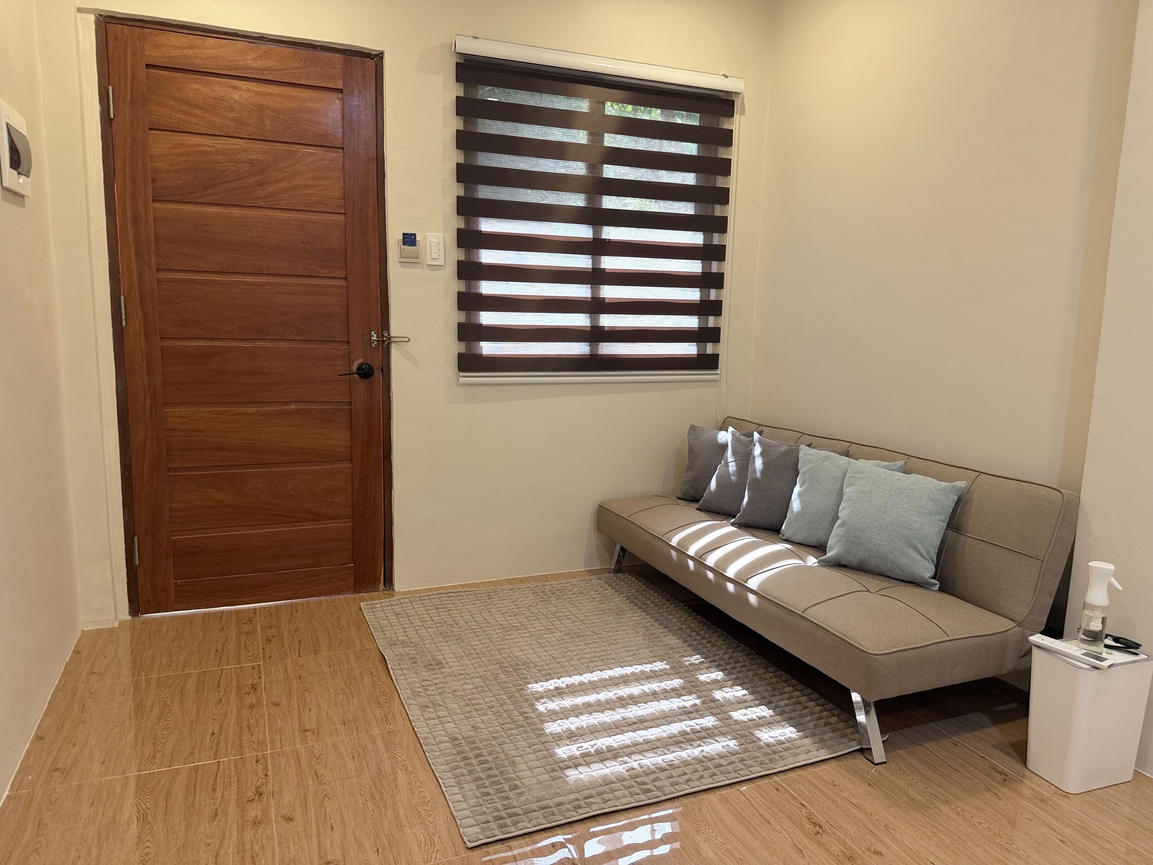 Una habitación con puerta de madera, ventana con persianas, sofá con cojines, una mesita blanca y una alfombra sobre suelo de madera.