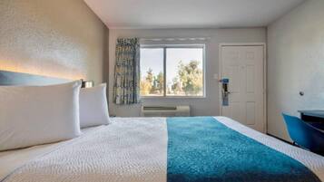 A hotel room with a bed, a window, a door, and a desk.