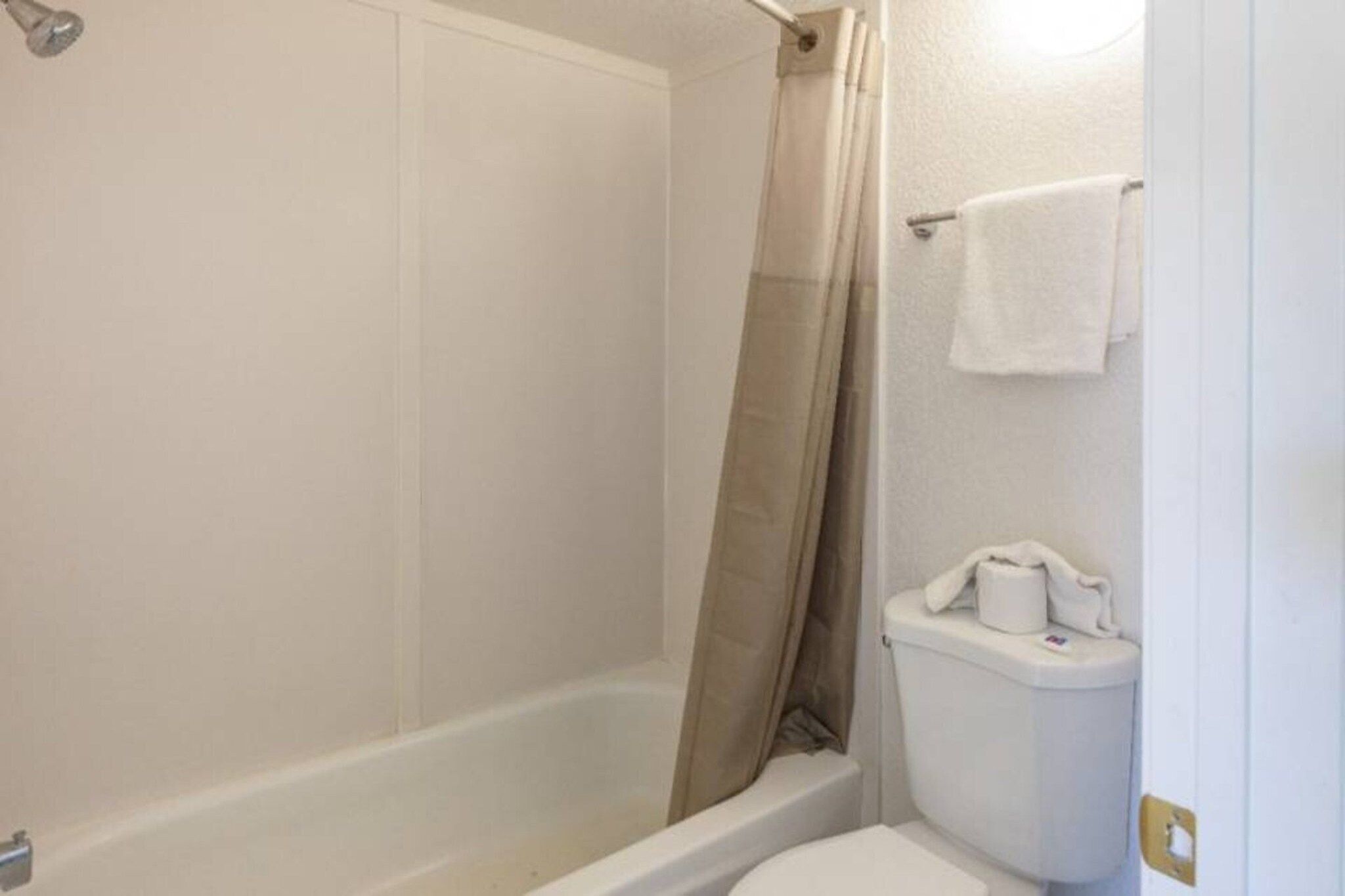 Ein Badezimmer mit Badewanne, Toilette und Duschvorhang.