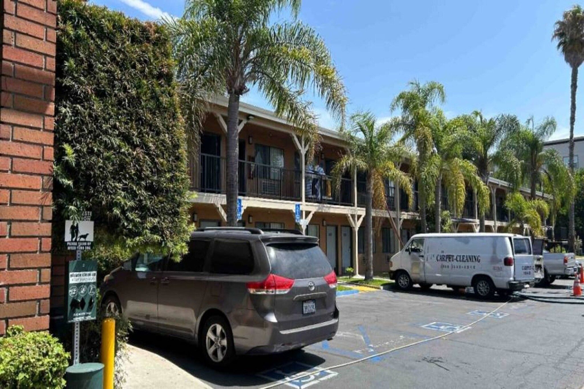 A parking lot with a grey minivan and a white van, surrounded by palm trees and a building with balconies.