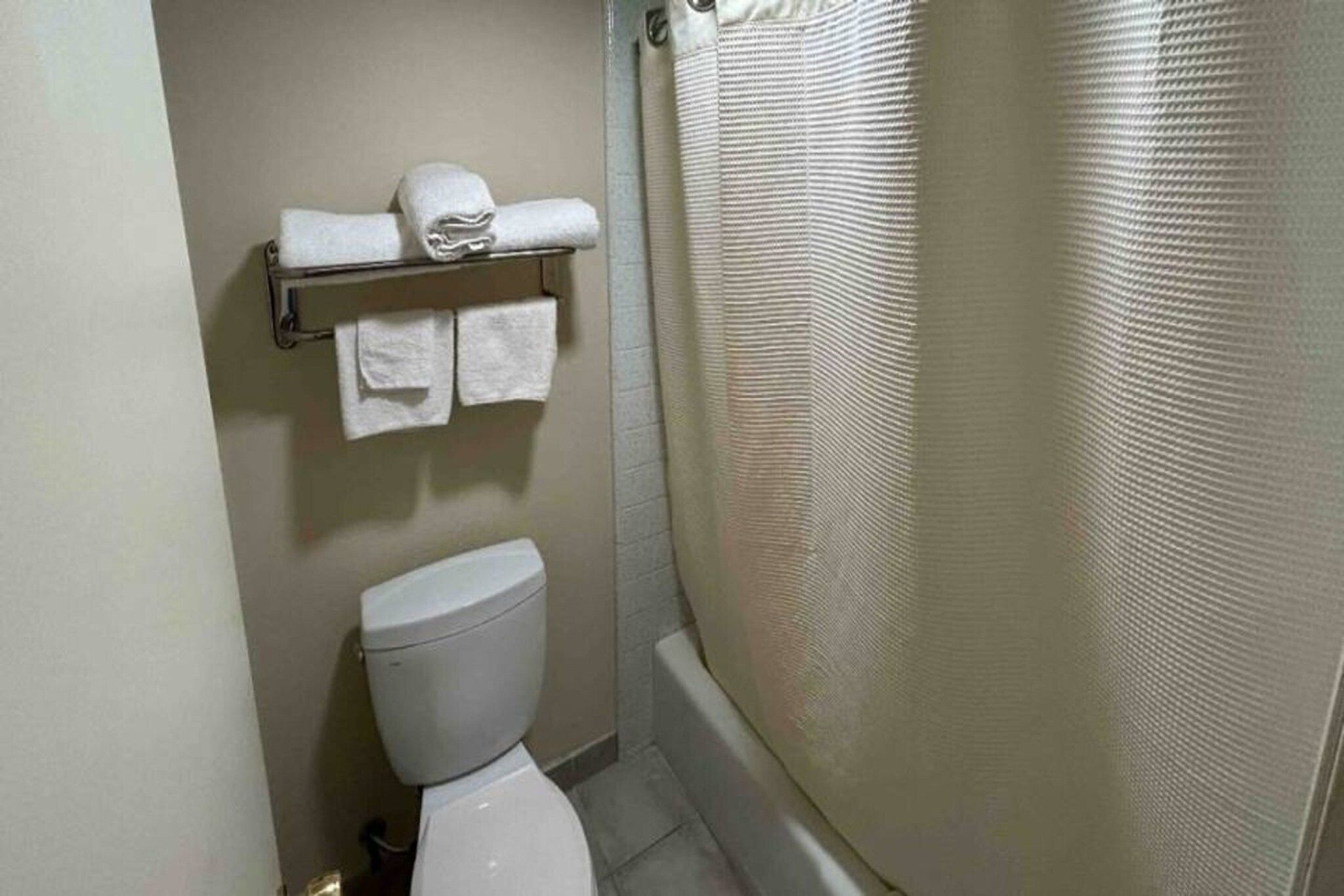 A small bathroom with a toilet, a towel rack with folded towels, and a shower curtain.