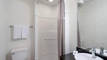 Une salle de bain comprenant des toilettes, une douche avec un rideau, un lavabo avec un miroir et un porte-serviettes.