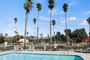 A swimming pool with lounge chairs and palm trees in the background.