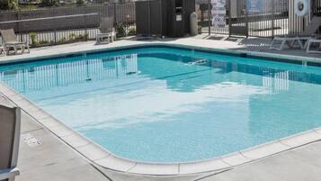 A rectangular swimming pool with a tiled edge, surrounded by a concrete deck.