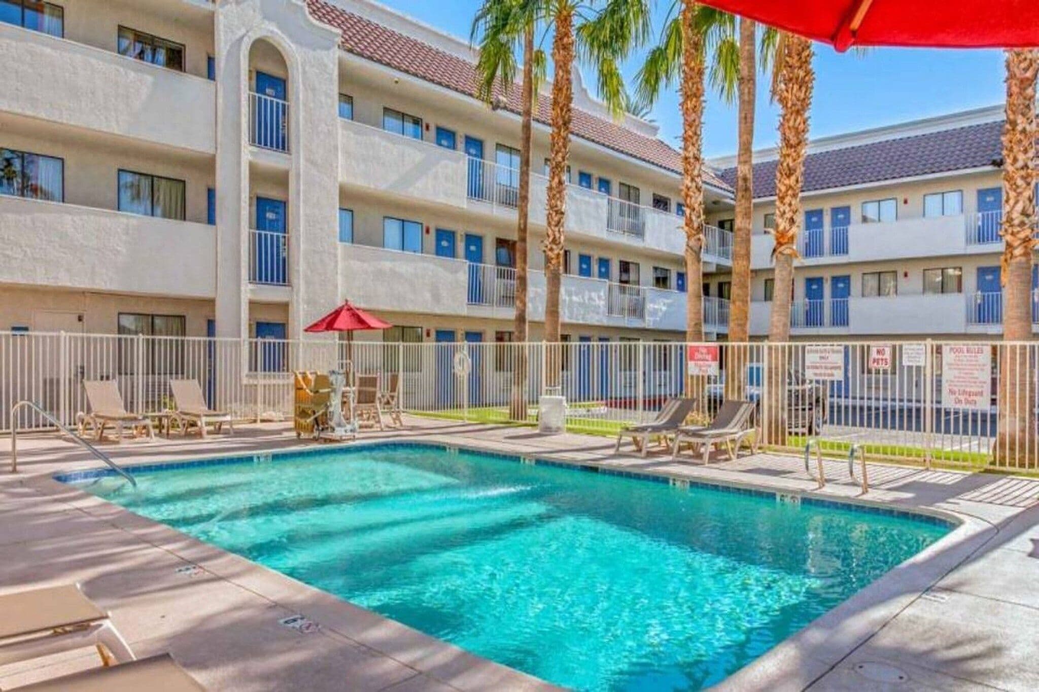 A hotel pool area with a clear blue pool, lounge chairs, and palm trees.