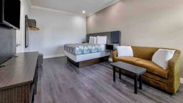 A modern hotel room with a bed, a sofa, a TV, and a desk.