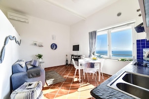 A compact living space with a kitchenette, dining area, and a sofa.
