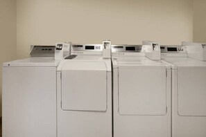 Une rangée de machines à laver blanches à chargement frontal se trouve dans une pièce aux murs unis.