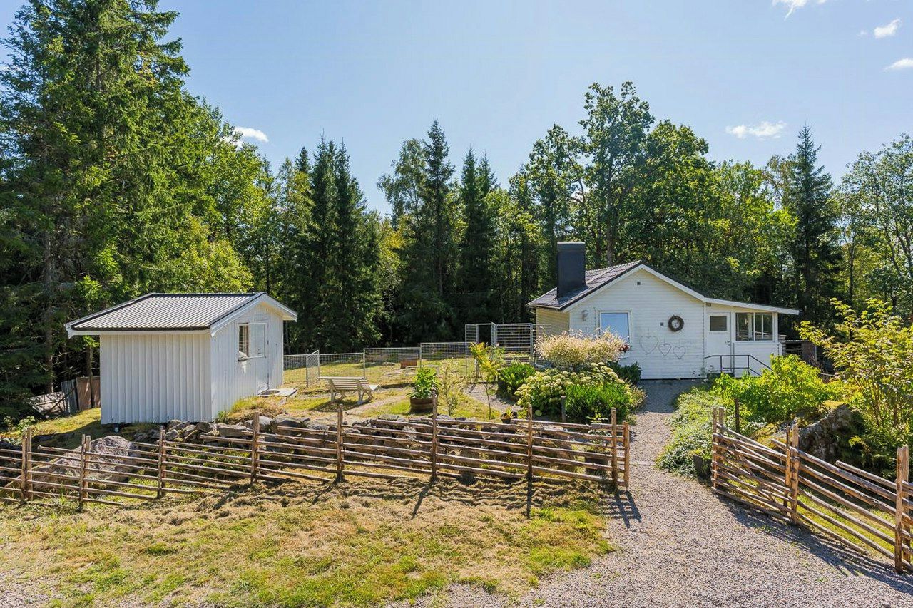 Een omheind perceel met een tuinhuisje, een woonhuis en een grindpad.