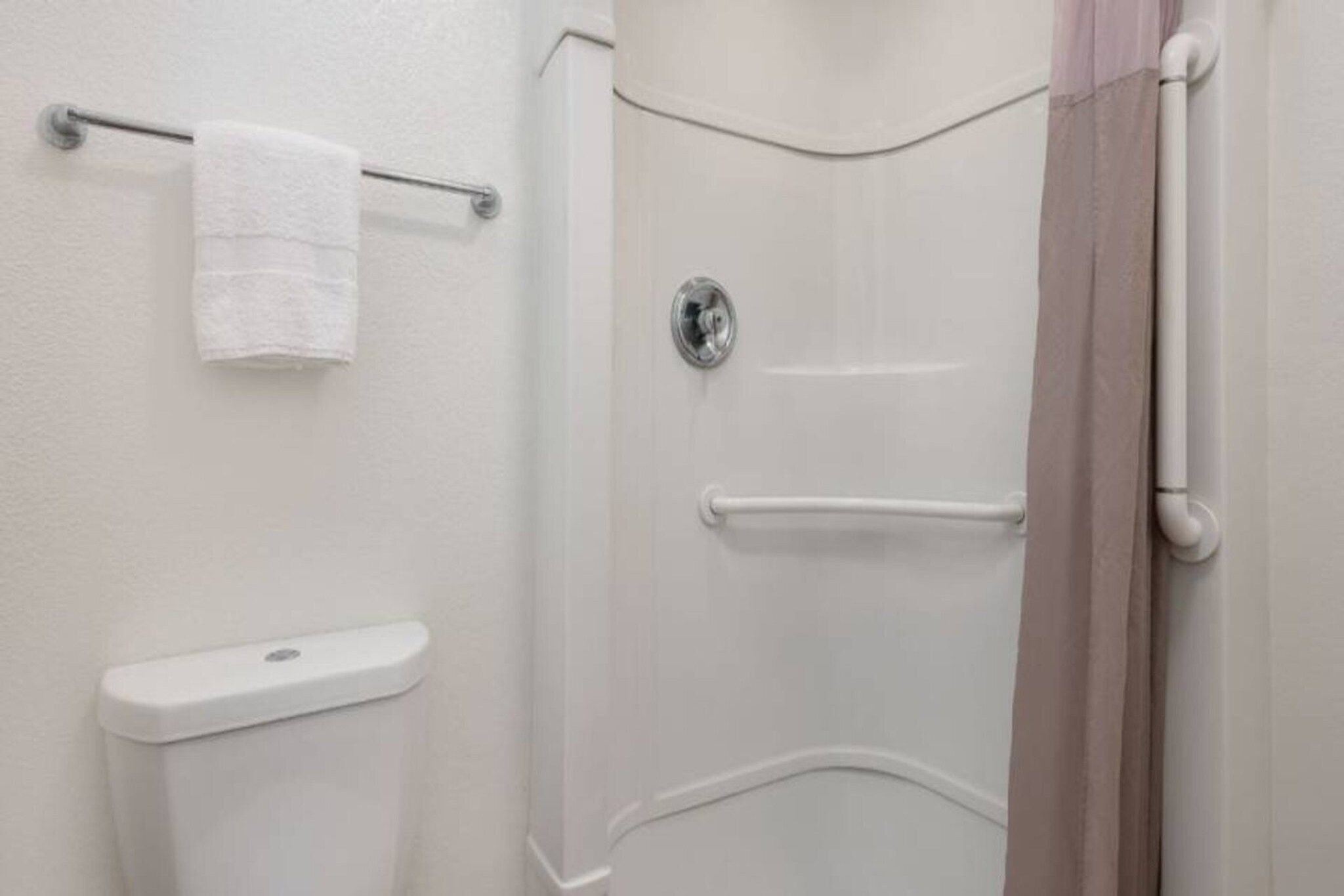 Un baño con inodoro, toallero, ducha con puerta de vidrio y cortina.