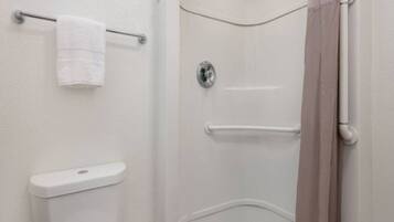 Un baño con inodoro, toallero, ducha con puerta de vidrio y cortina.